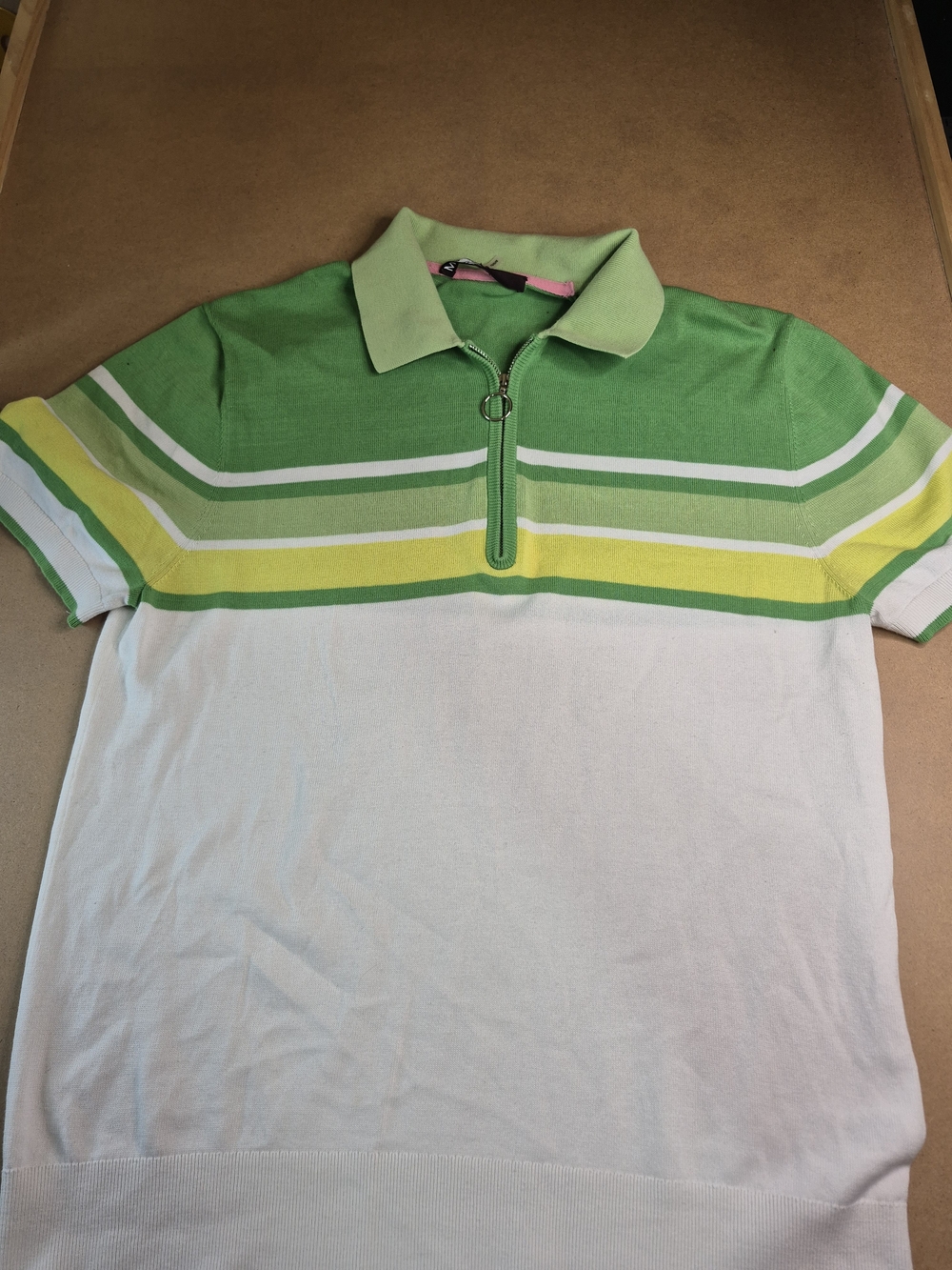Green & White Short-Sleeve Zip Polo with Chest Stripes